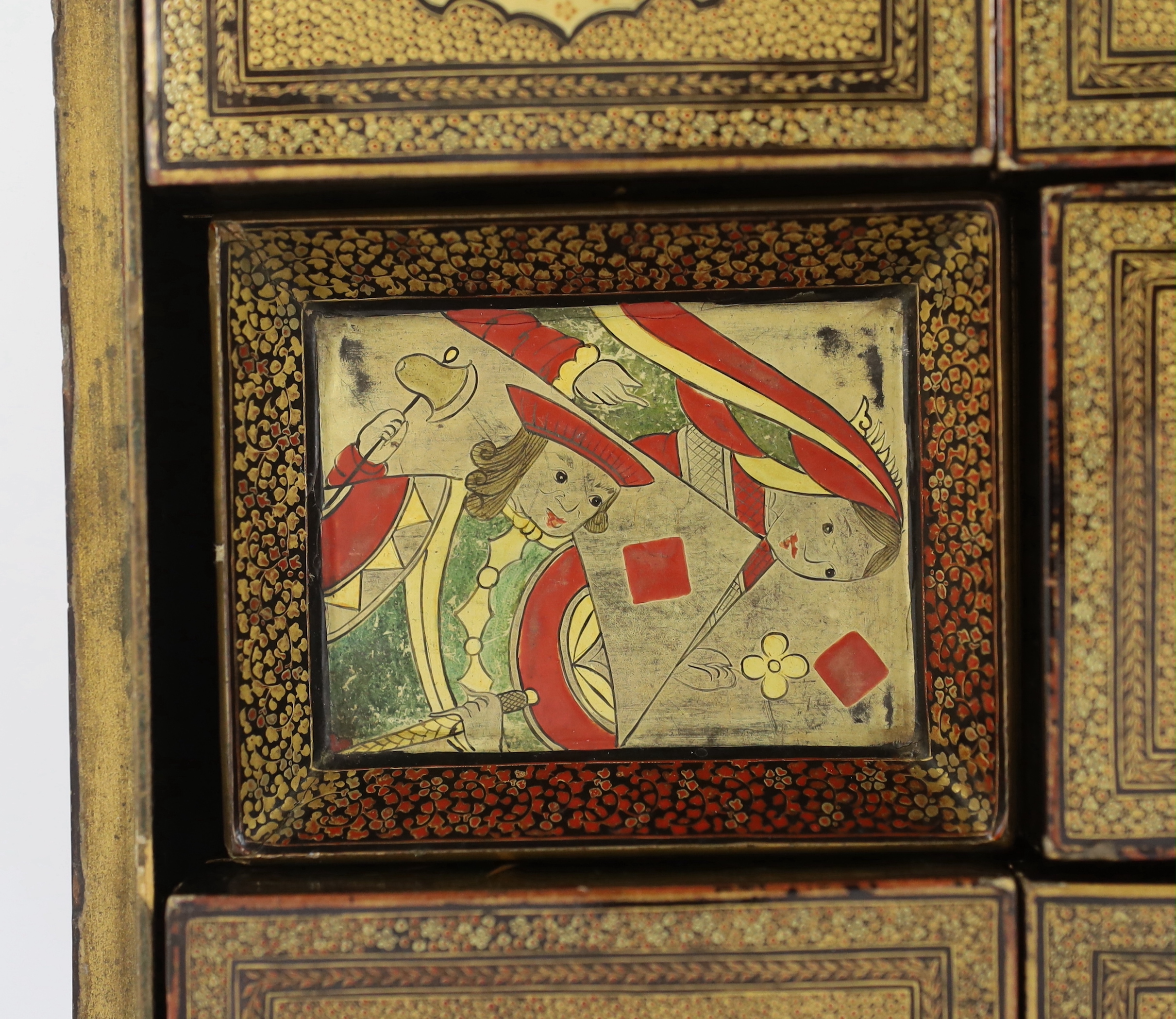 A Chinese gilt decorated black lacquer games box, mid 19th century, slight faults